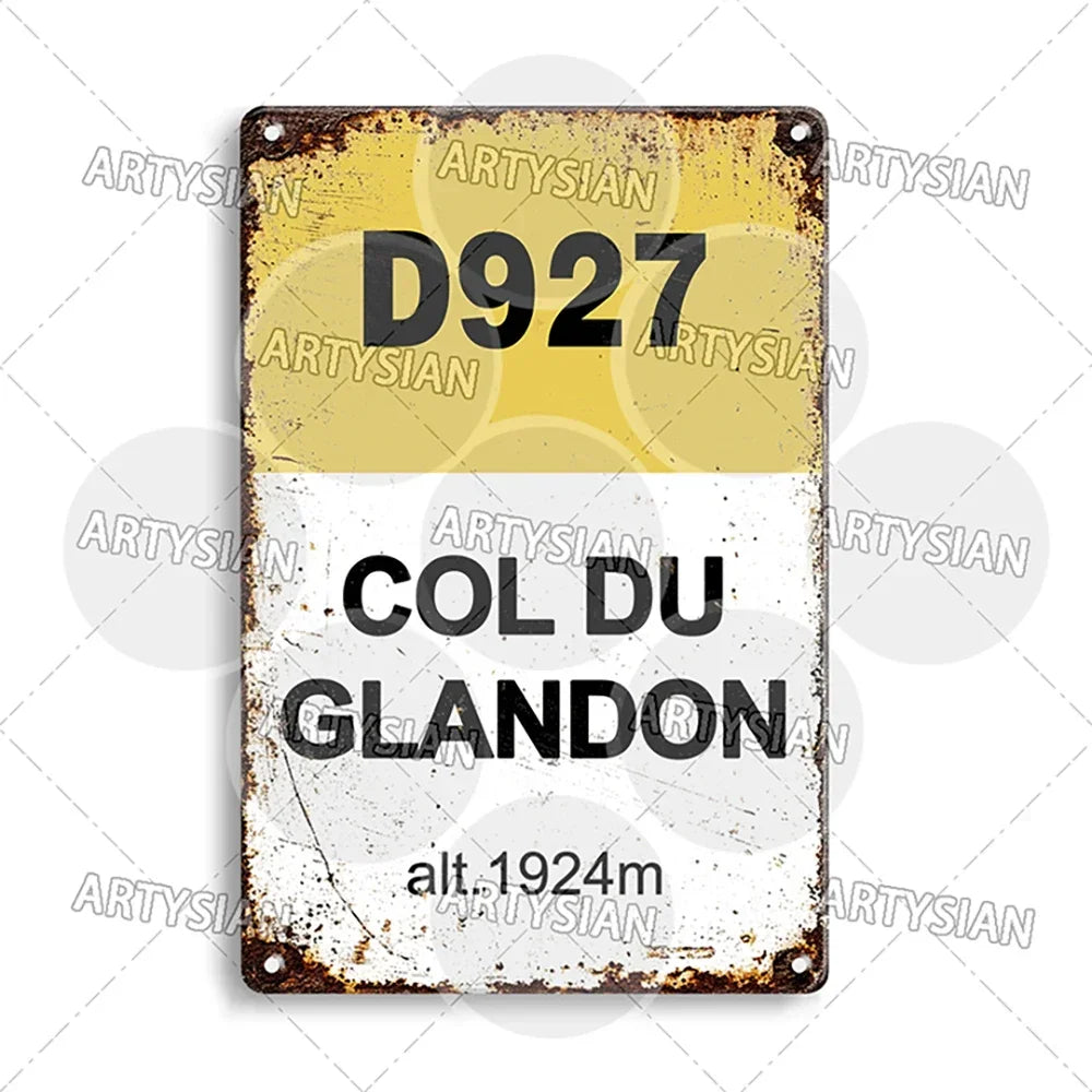 Tour de France Metal Sign Cycling Plaque Paves Du Paris Roubaix Col du Galibier Col de Sarenne Alpe d'Huez Mont Ventoux Glandon