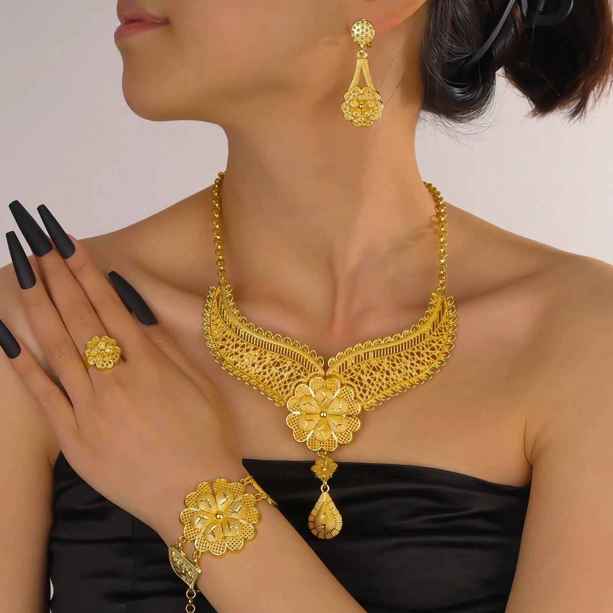 Nigerian Jewelery Set Wedding Jewelry For Women Dubai 24K Gold Color Jewlery African Designer Earrings Bridal Necklace