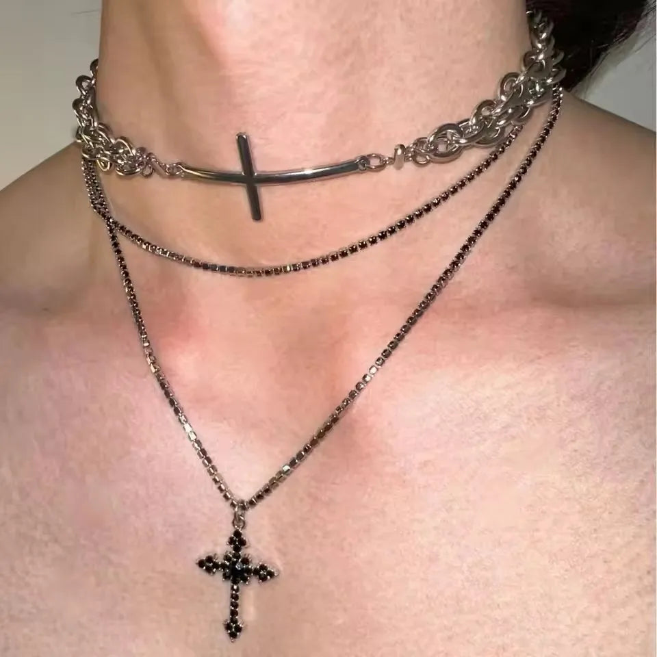 Personalized Punk Star Heart Cross Chain Double Layer Necklace For Men Women Y2K Fashion Trend Rock Party Grunge EMO Accessories