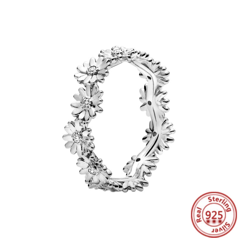 NEW 925 Sterling Silver Rings Sparkling Original Design Women Heart Daisy Flower Wishbone Ring Jewelry Engagement Female Gift