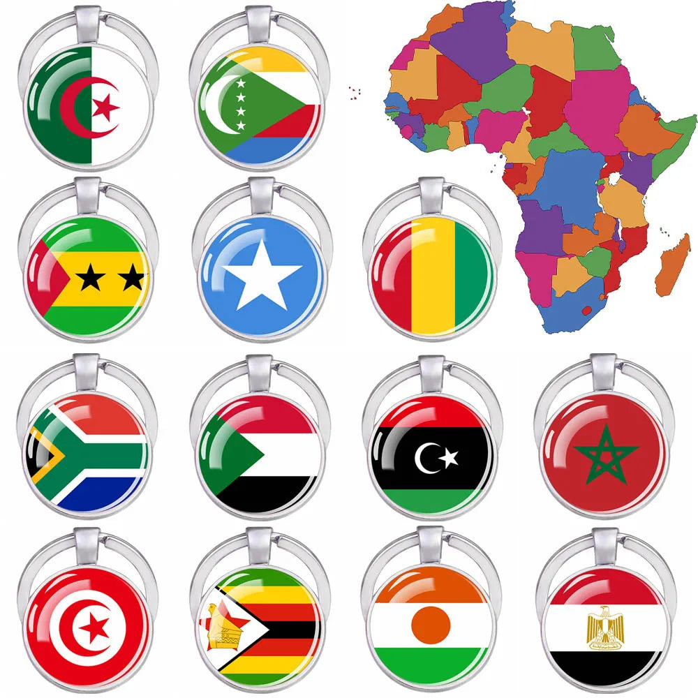 Africa Countries Flag Keychains Double Sided Glass Dome Pendant Key Chains Algeria Somalia Tunisia Morocco Egypt Flag Keyring