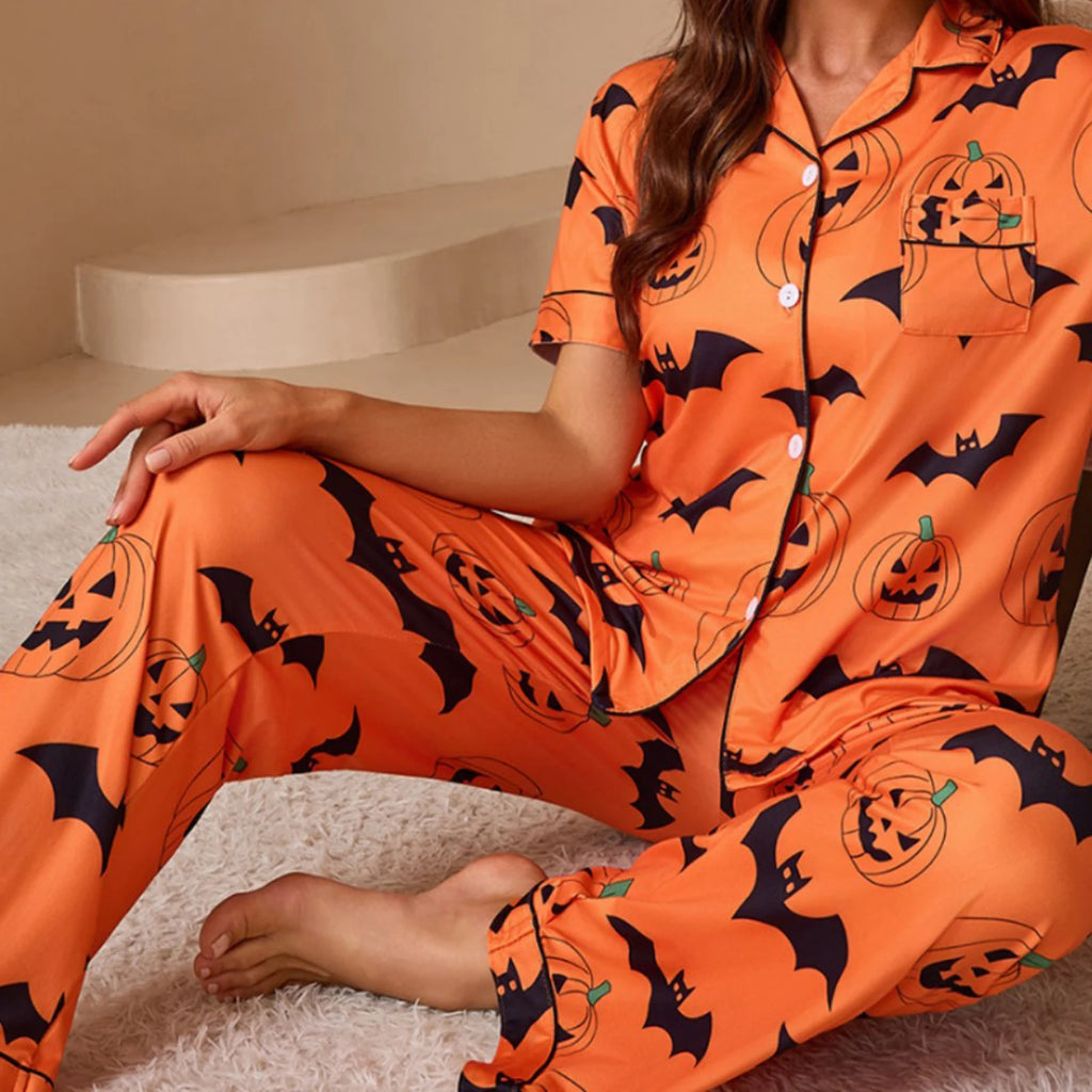 Women Halloween Pajama Set, Pumpkin Bat Print Short Sleeve Button Closure Shirt with Pants Sleepwear Loungewear