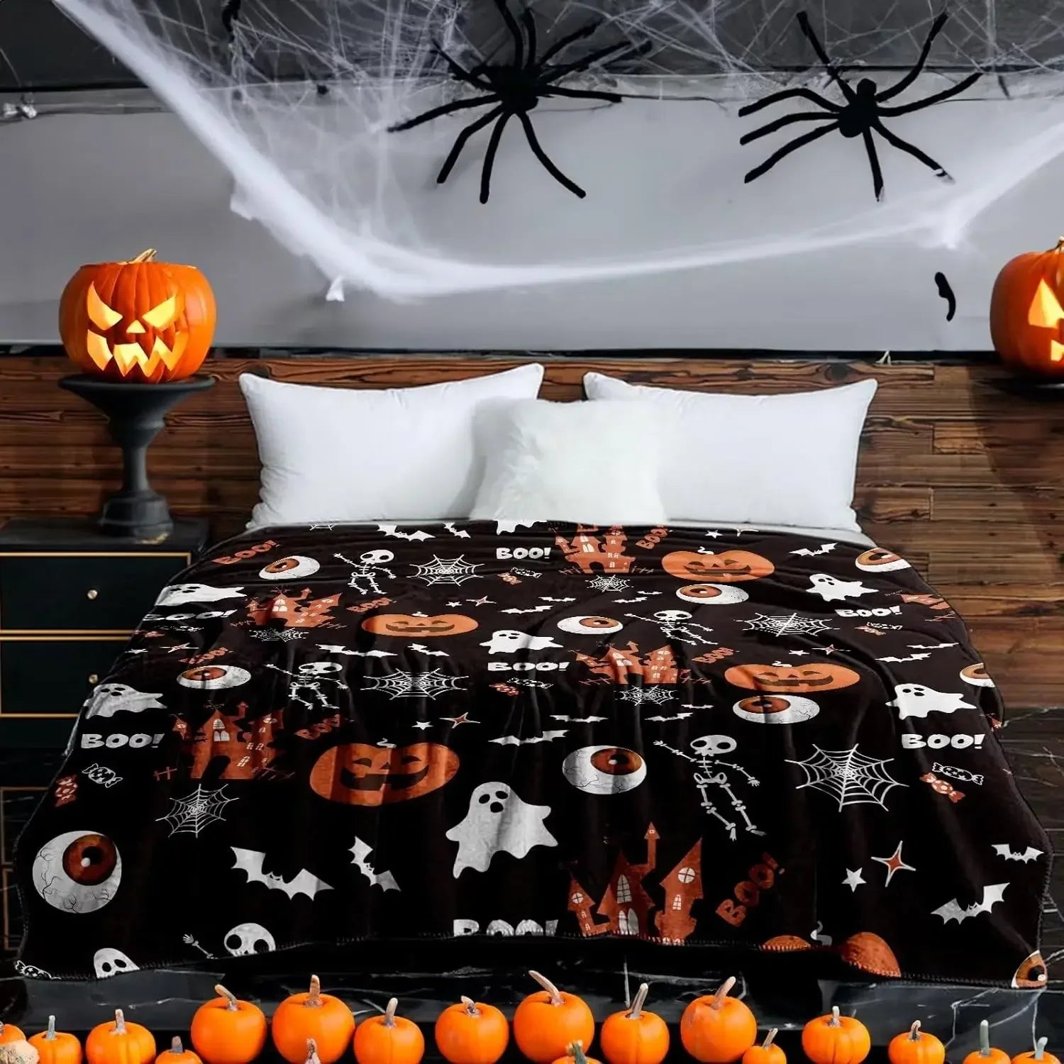 Halloween Blanket Printed Blanket Pumpkin Castle Eyeball Ghosts Bats for Kids Flannel Black Orange Sofa Blanket