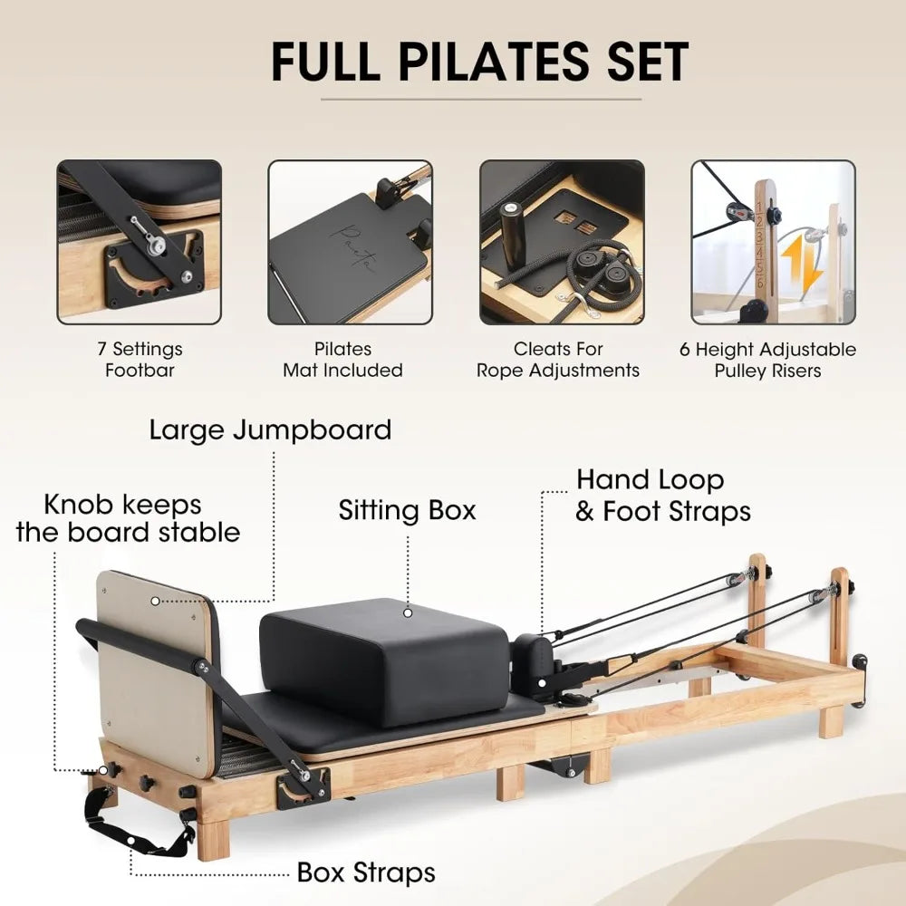 Pilates Reformer, Wooden Foldable Pilates Reformer Machine with Springs, Pilates Machines for Home Use and Studio Fast  delivery