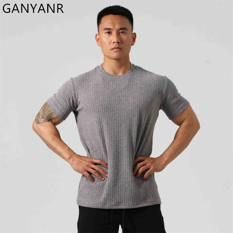 GANYANR Gym Clothing Men Running T-shirt Summer Golf Wear Active Fitness Short Sleeve Sports Bodybuilding Training Yoga Cool Tee