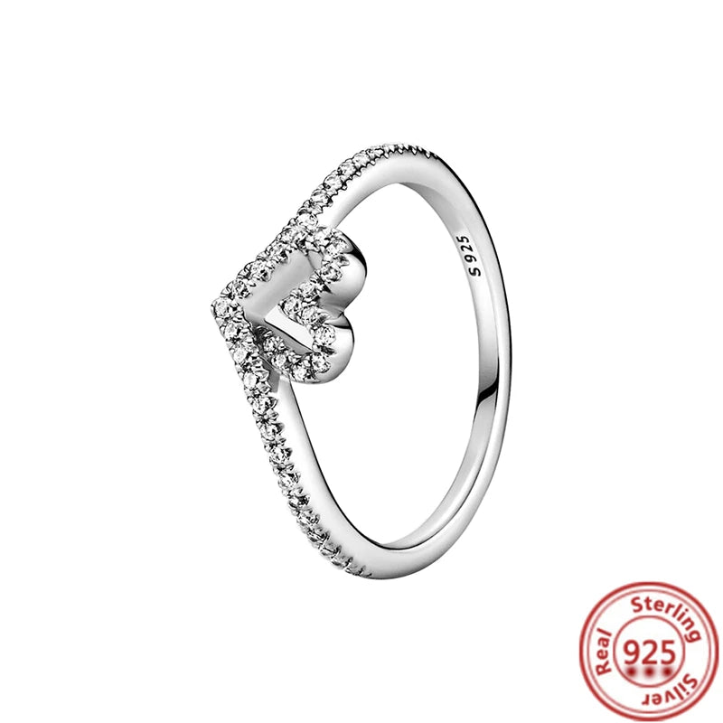 NEW 925 Sterling Silver Rings Sparkling Original Design Women Heart Daisy Flower Wishbone Ring Jewelry Engagement Female Gift