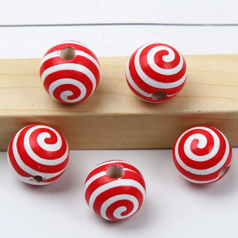 Round Balls Red Green Wooden Beads 15mm Cartoon Tree Letter Pattern Halloween Christmas Beads For Jewelry Making DIY Accessories