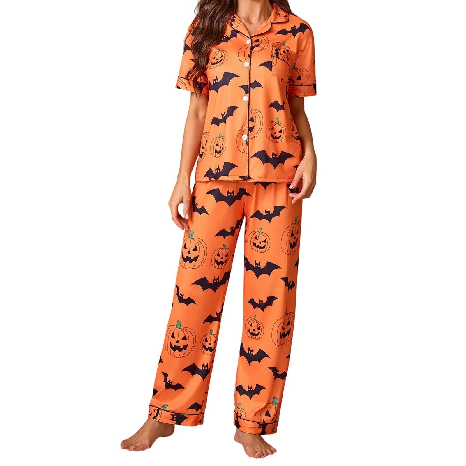 Women Halloween Pajama Set, Pumpkin Bat Print Short Sleeve Button Closure Shirt with Pants Sleepwear Loungewear