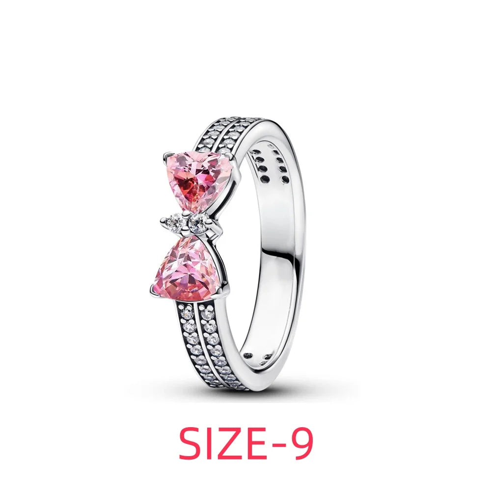 New 925 silver pink bow heart-shaped pendant ring necklace earrings crystal women's Valentine's Day birthday gift DIY jewelry