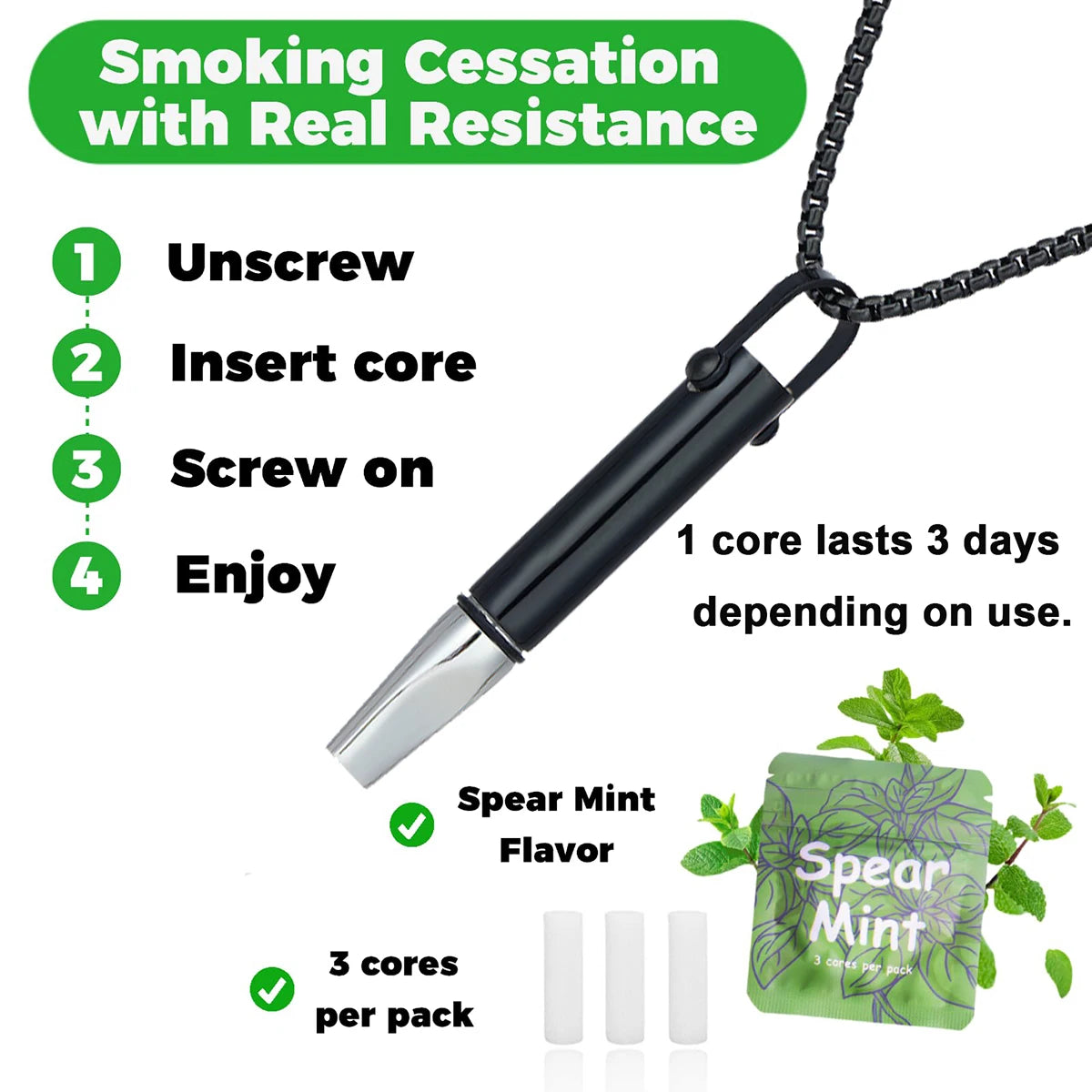 Quit Smoking Vaping Breathing Necklace Smokeless Inhaler Calming Relief Chain with Refillable Mint Pods Mindfulness Breathing