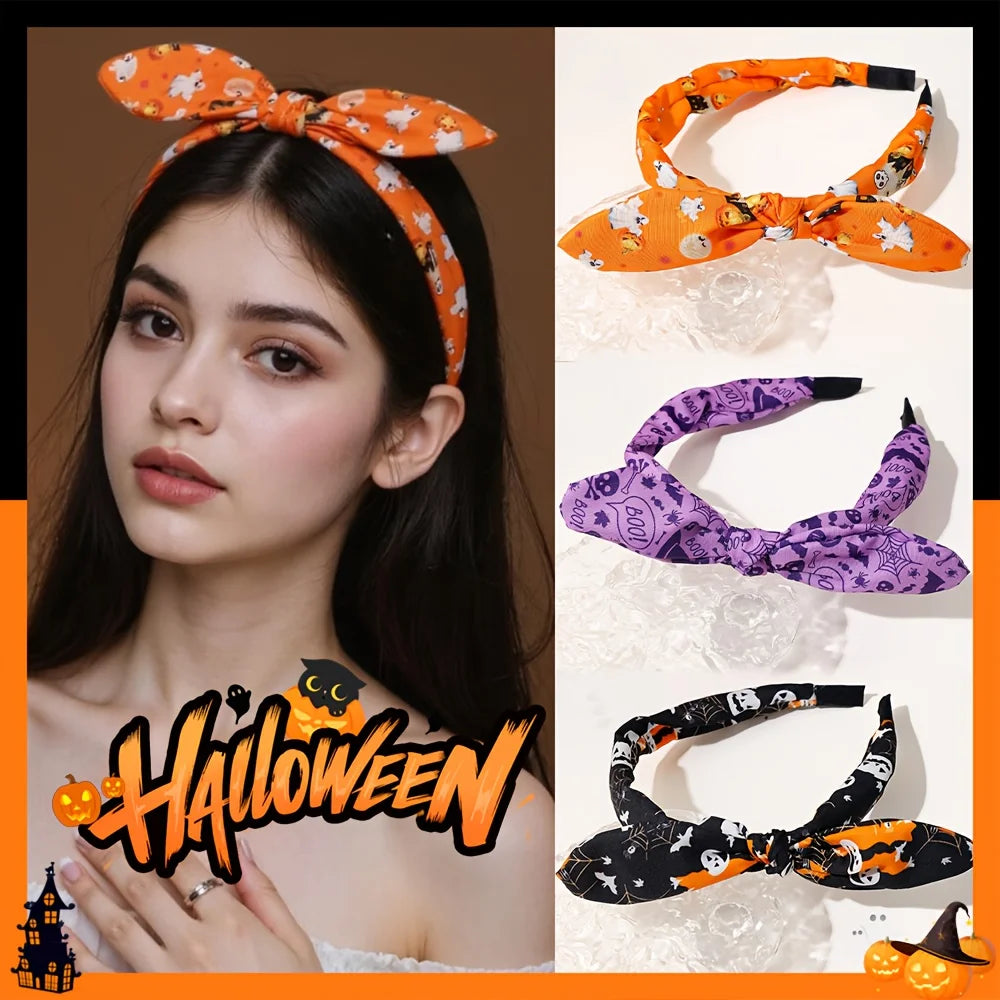 1/4 pcs Halloween Bunny Ear Headband for Girls, Quirky Pumpkin Ghost Bat Pattern Multicolor Hair Accessory