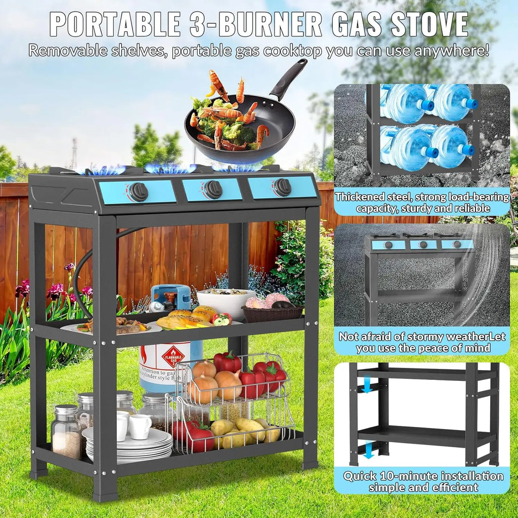 Propane Gas Stove-40000BTU Portable Gas Stove, with Removable Leg,Auto Ignition Camping Stove,3 Burner