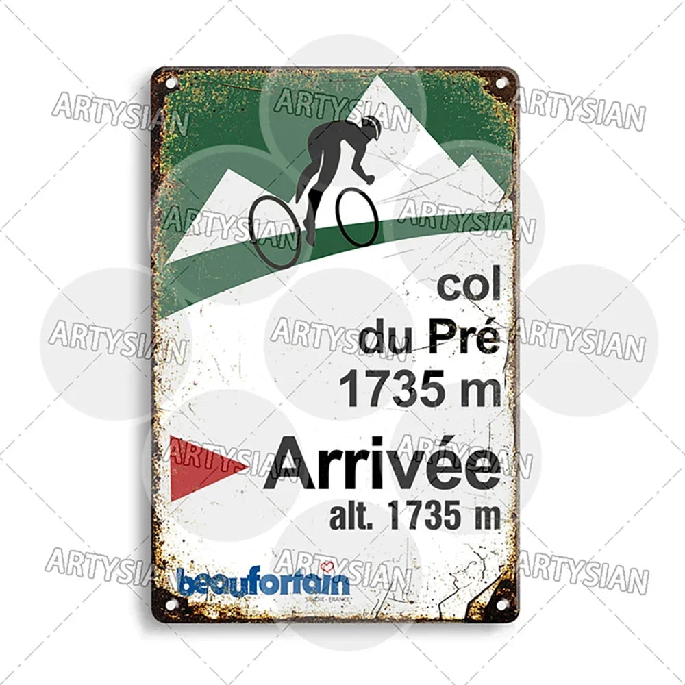 Tour de France Metal Sign Cycling Plaque Paves Du Paris Roubaix Col du Galibier Col de Sarenne Alpe d'Huez Mont Ventoux Glandon