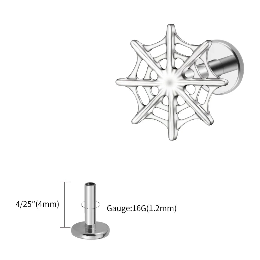 Right Grand ASTM F136 Titanium 16G Spider Web Stud Earring Cartilage Tragus Helix Conch Ear Lobe Flat Piercing Halloween Jewelry