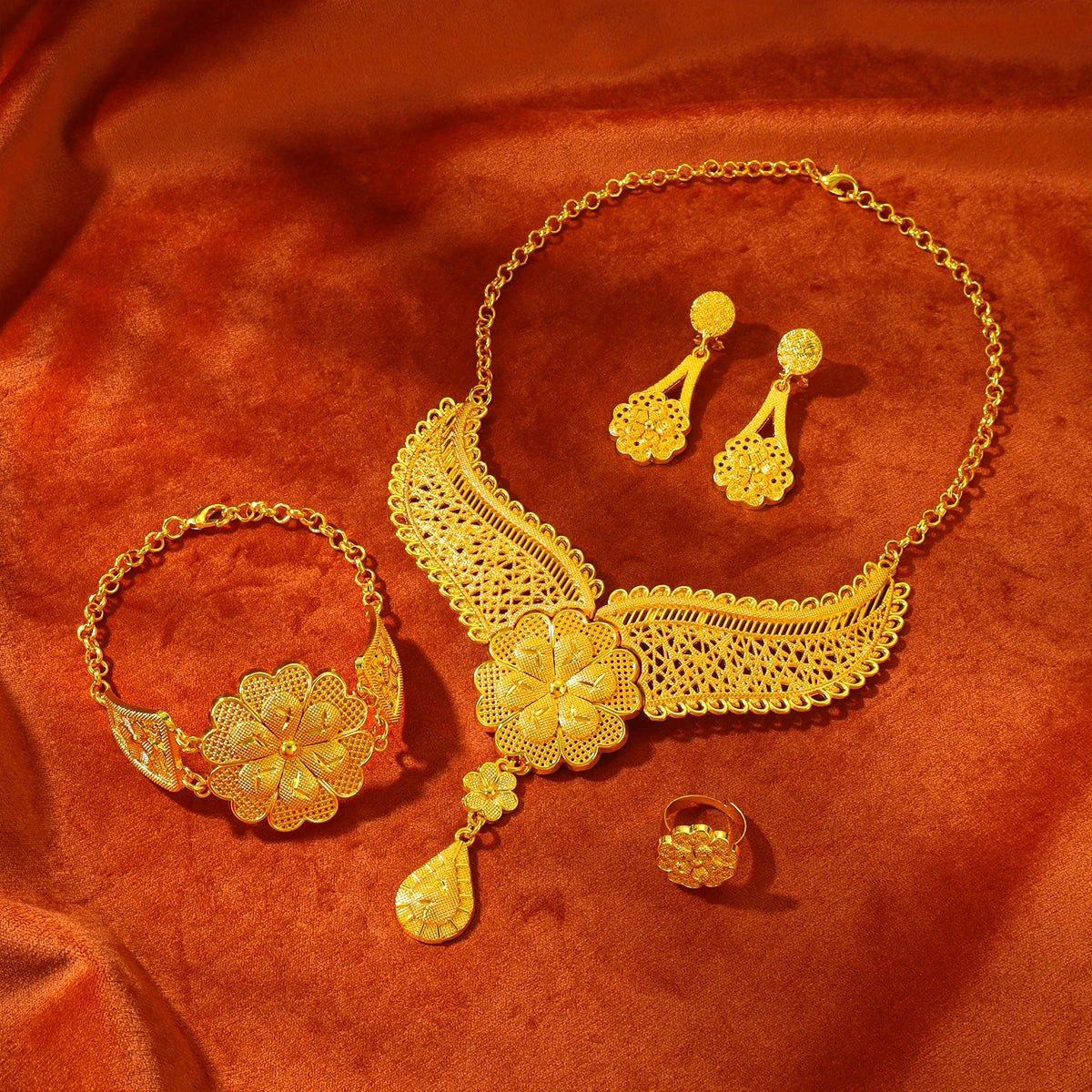 Nigerian Jewelery Set Wedding Jewelry For Women Dubai 24K Gold Color Jewlery African Designer Earrings Bridal Necklace