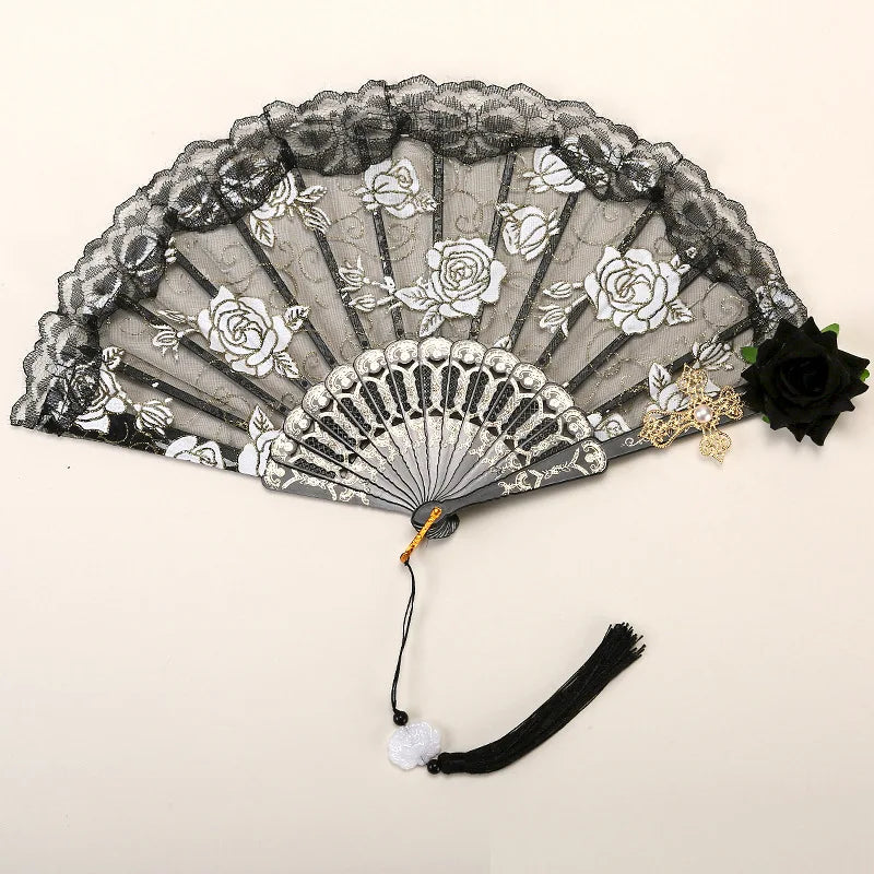 Female Lace Hand Fan Lolita Gothic Fan Victorian Vintage Black White Red Rose Bamboo Fans Cosplay Halloween Party Photo Prop