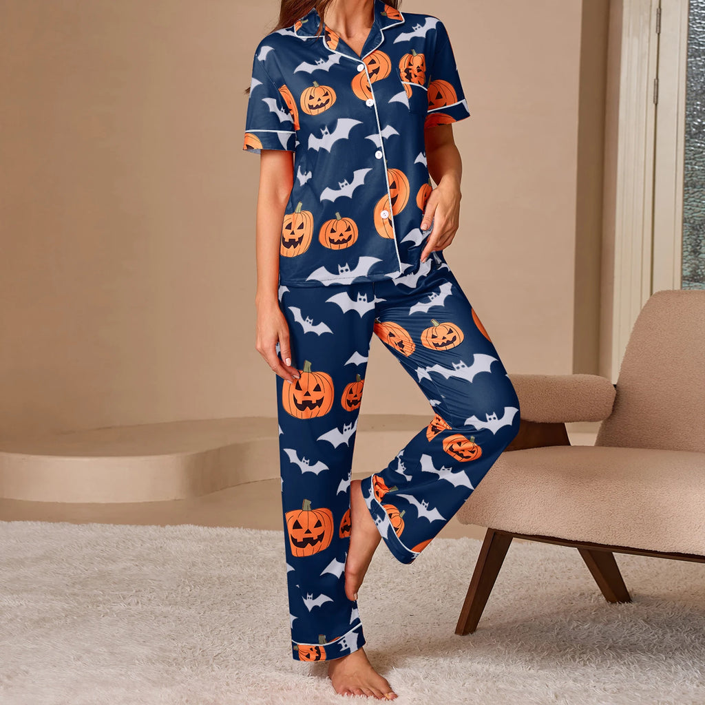 Women Halloween Pajama Set, Pumpkin Bat Print Short Sleeve Button Closure Shirt with Pants Sleepwear Loungewear