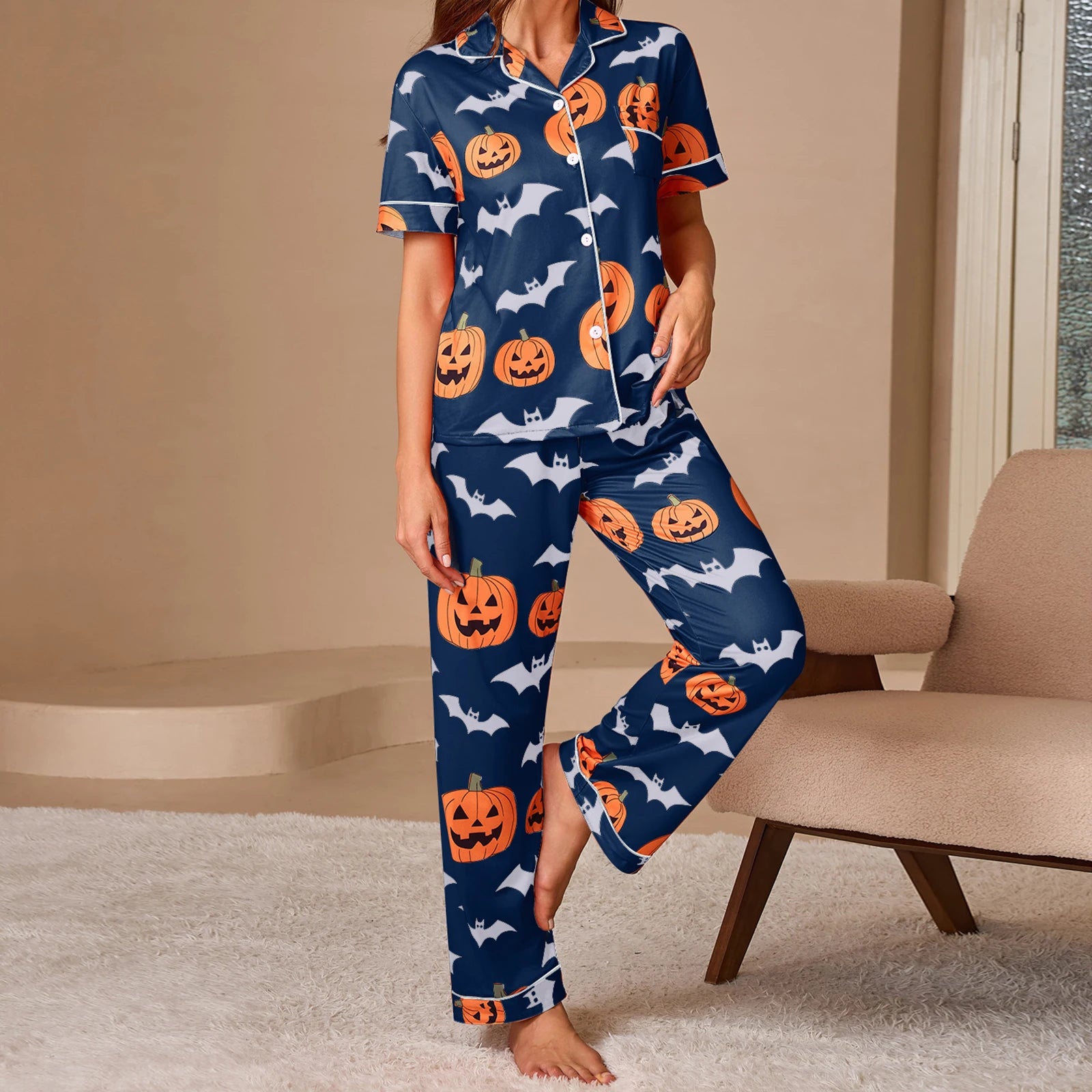 Women Halloween Pajama Set, Pumpkin Bat Print Short Sleeve Button Closure Shirt with Pants Sleepwear Loungewear