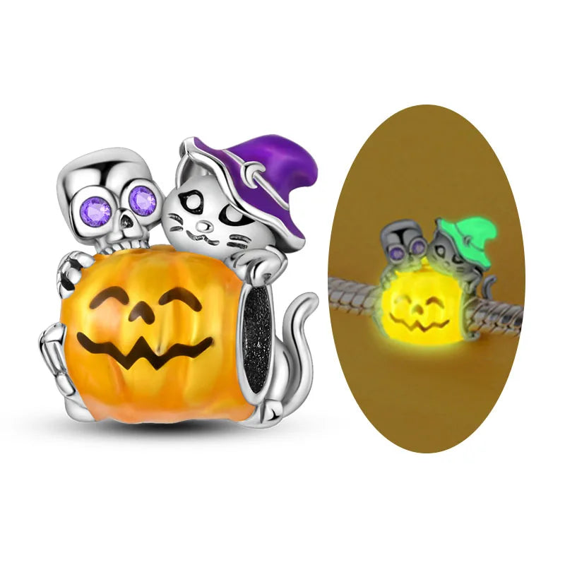 Original 925 Sterling Silver Halloween Charms Beads Pendant Pumpkin Witch Doll Skull Candy Charm Fit Bracelet DIY Jewelry Gift