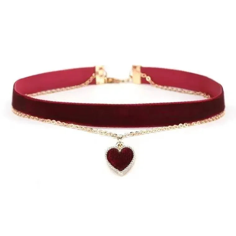 New Year Wine Red Heart Choker Double Layer Necklace Lock Bone Chain Neck Band Velvet Heart Necklace Gift