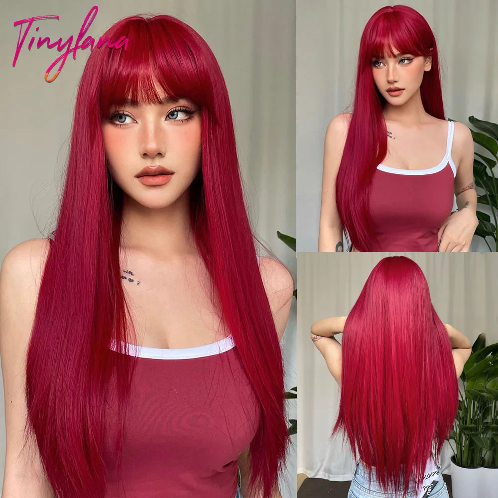 Long Straight Light Pink Synthetic Wigs with Bangs for Women Cosplay Halloween Lolita Pink Party Wig Natural Hair Heat Resistant