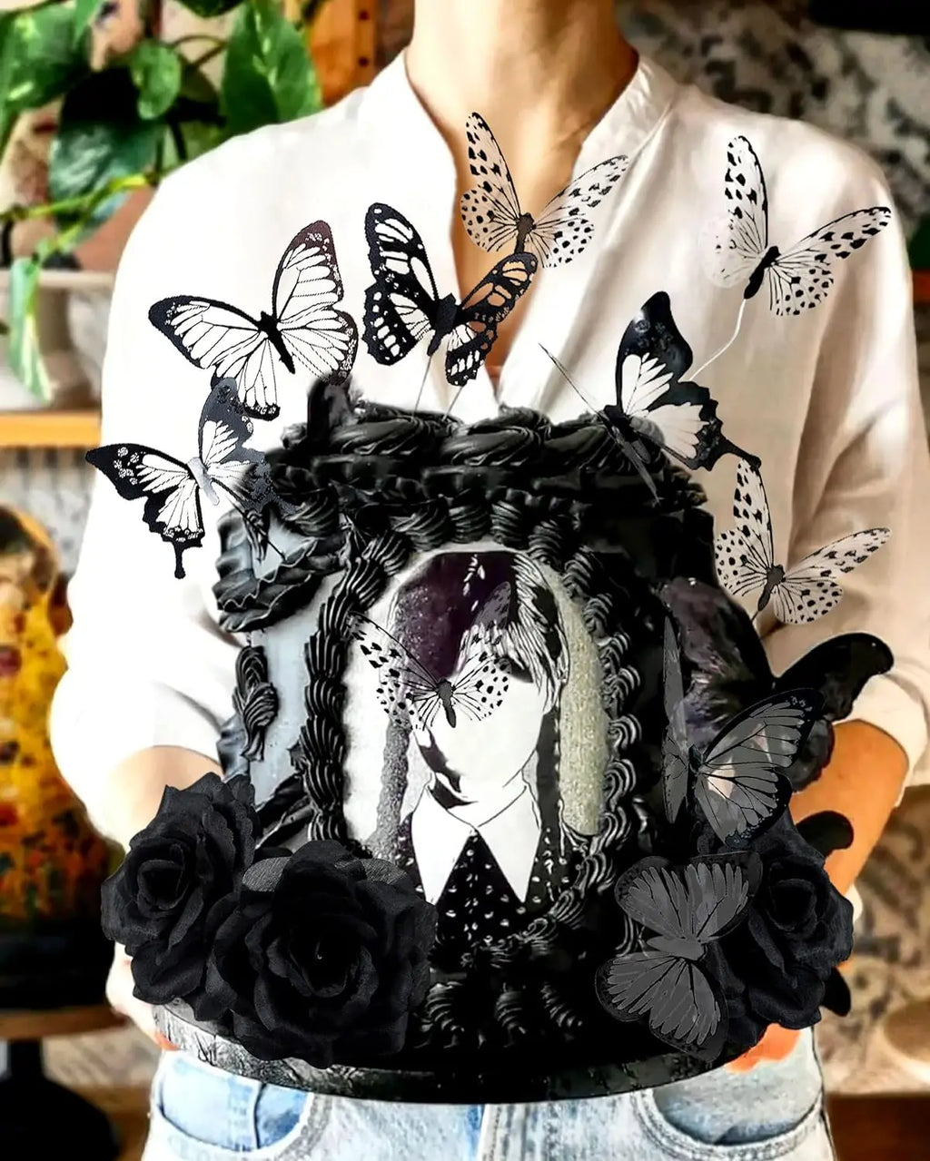 23pcs Goth Birthday Decorations Black Roses Topper Black Shiny Butterfly Death Cake Decoration for Halloween Birthday Supplies