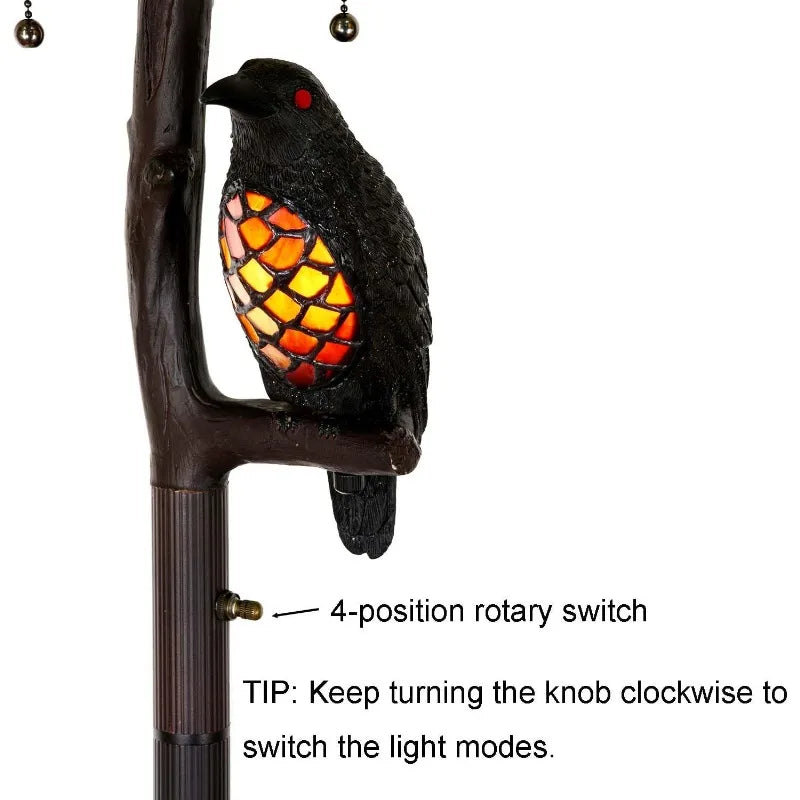 L10936 Ravens Sitting On Bare Tree Branch Against Full Moon Style Stained Glass Floor Lamp With Raven Night Light