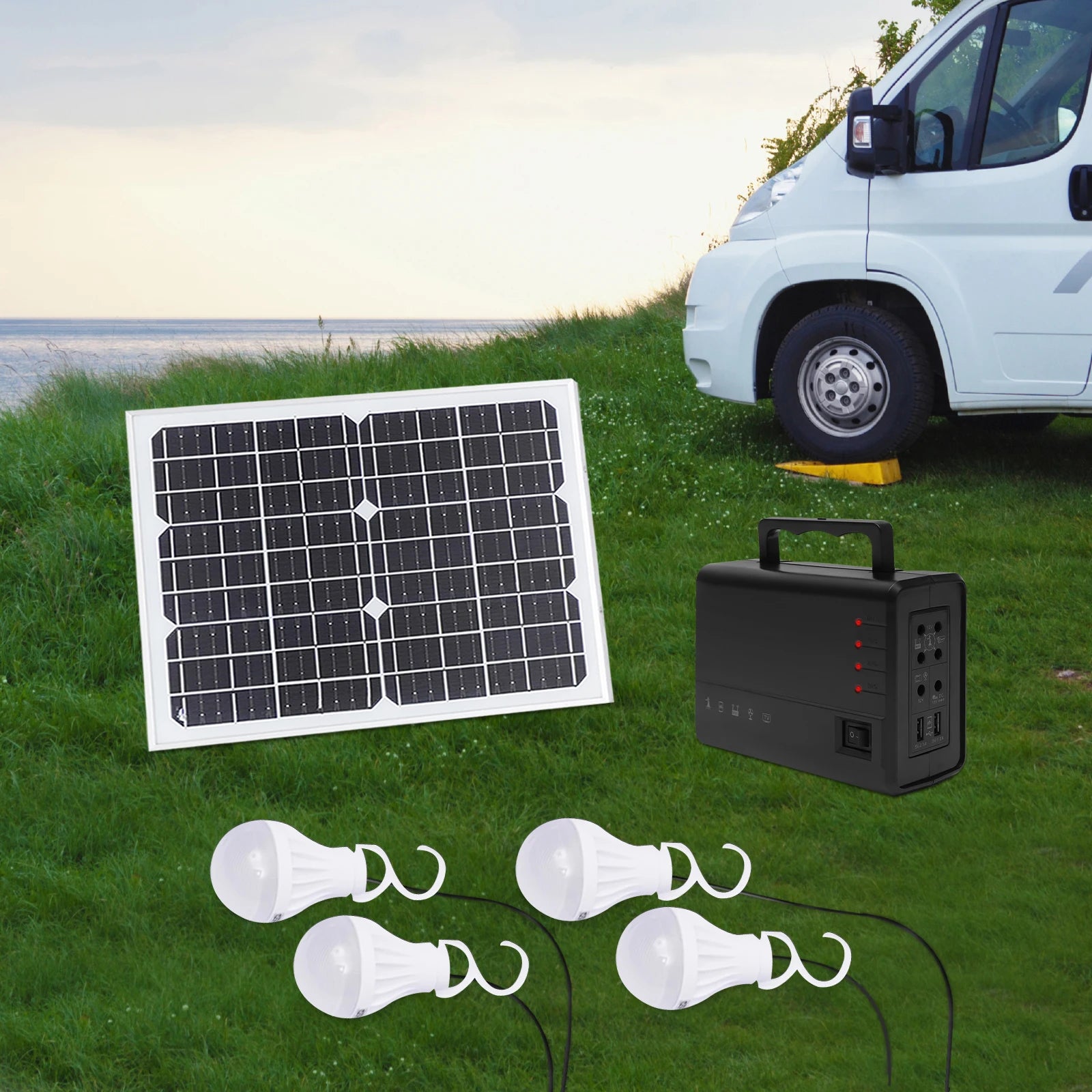 Portable Solar Panel Power Energy Storage Generator Kit Solar Home DC System Kit 4 LED Light Bulb USB Charger Generation