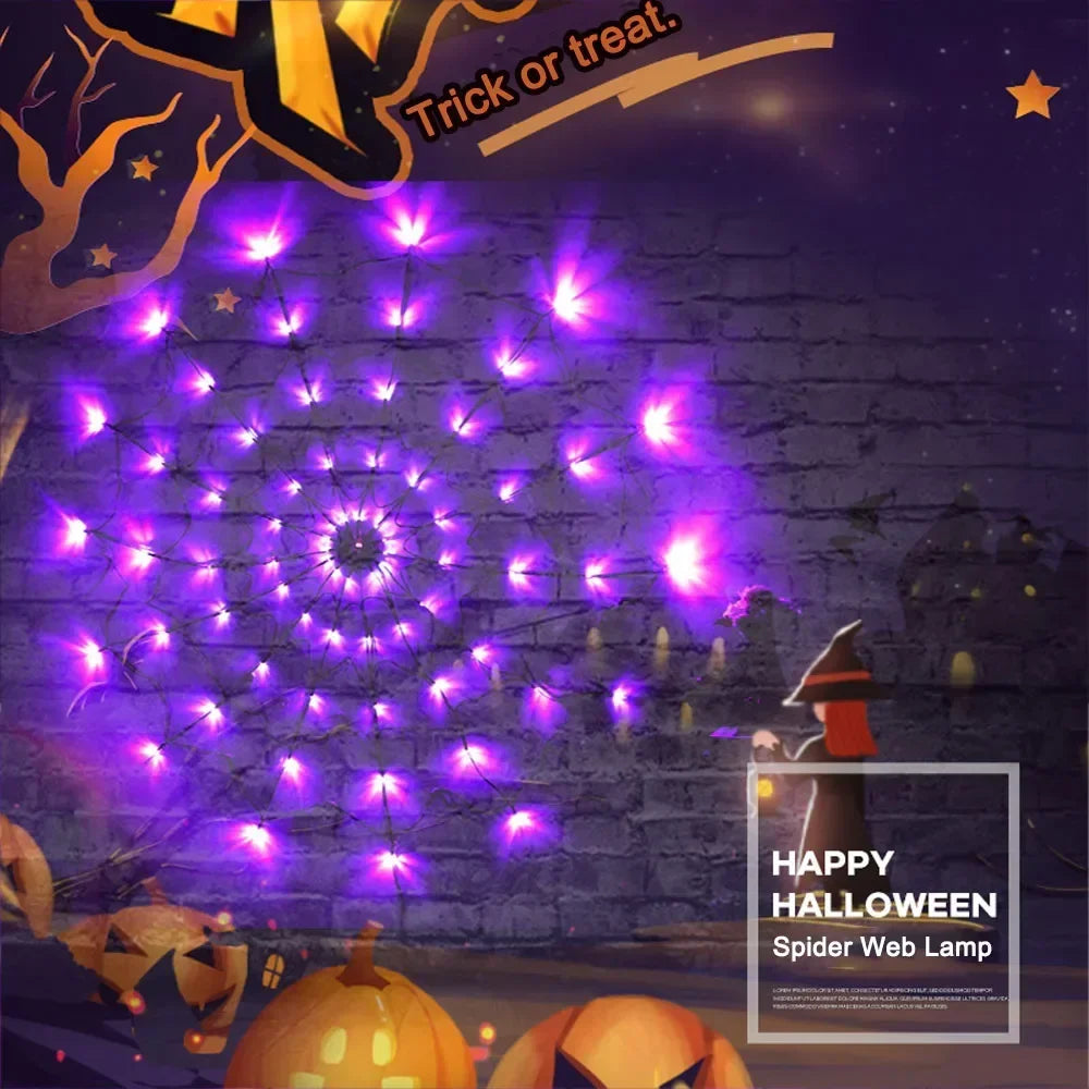 Halloween Decor 70LED 1.2m Spider Web Lights Waterproof Spider Net Lights Halloween Purple String Light Outdoor Home Party Decor