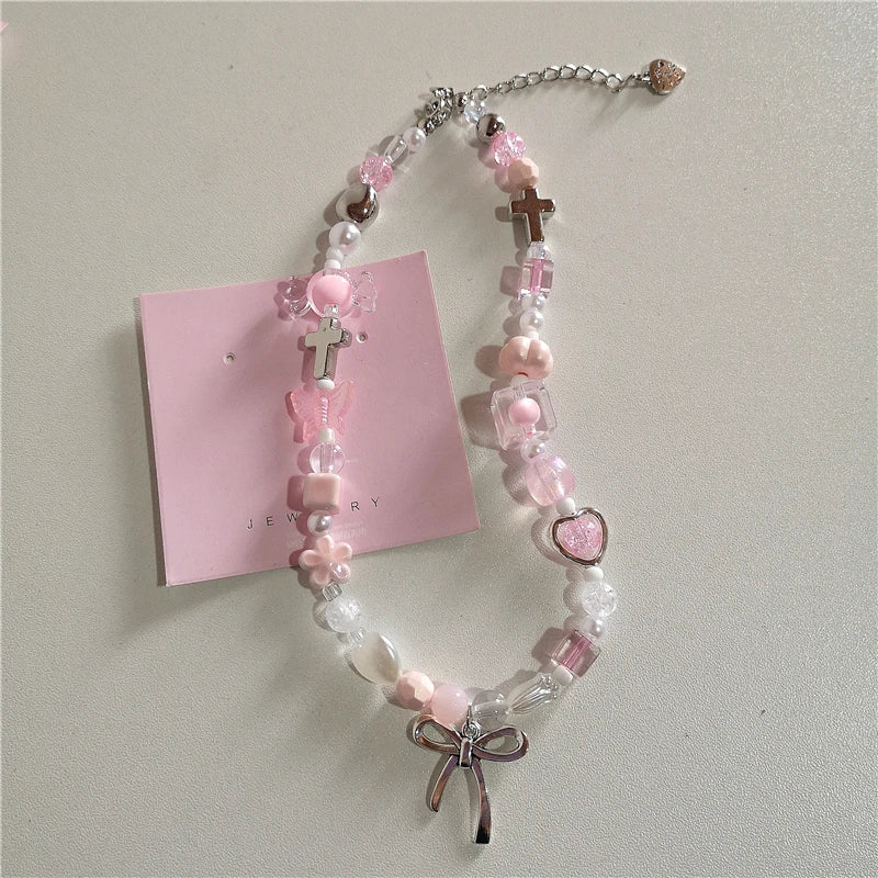 Kpop Goth Y2K Cute Pink Ribbon Bowknot Heart Pendant Pearl Beads Choker Necklace Girl Charm EMO 2000s Lolita Jewelry Accessories