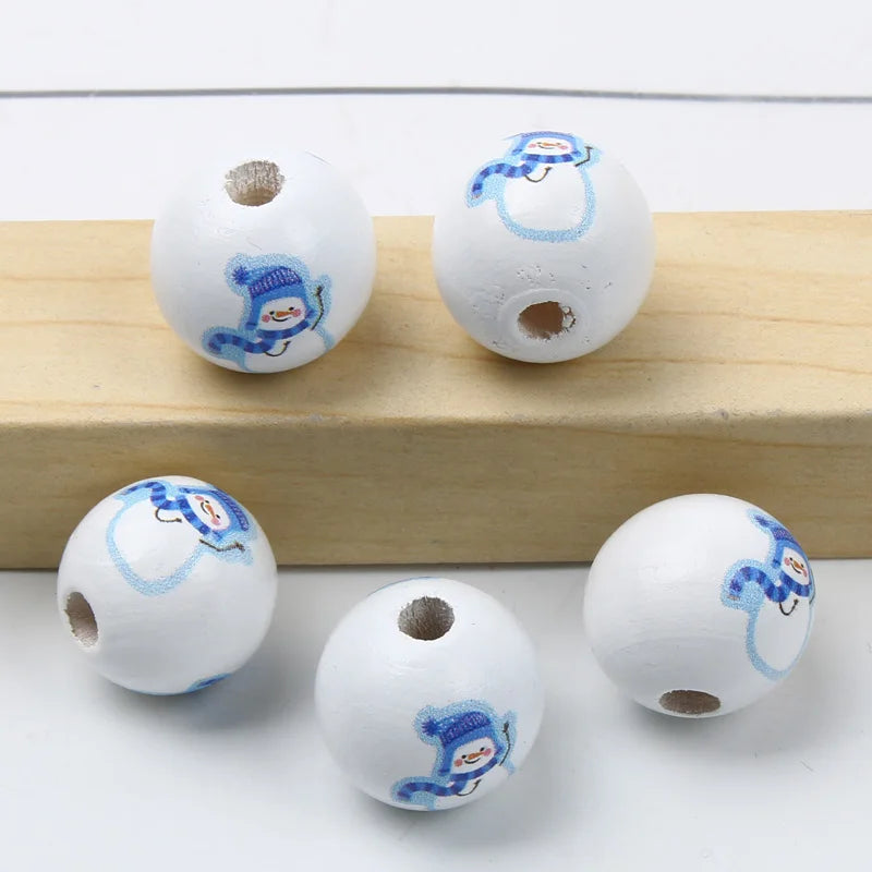 Round Balls Red Green Wooden Beads 15mm Cartoon Tree Letter Pattern Halloween Christmas Beads For Jewelry Making DIY Accessories