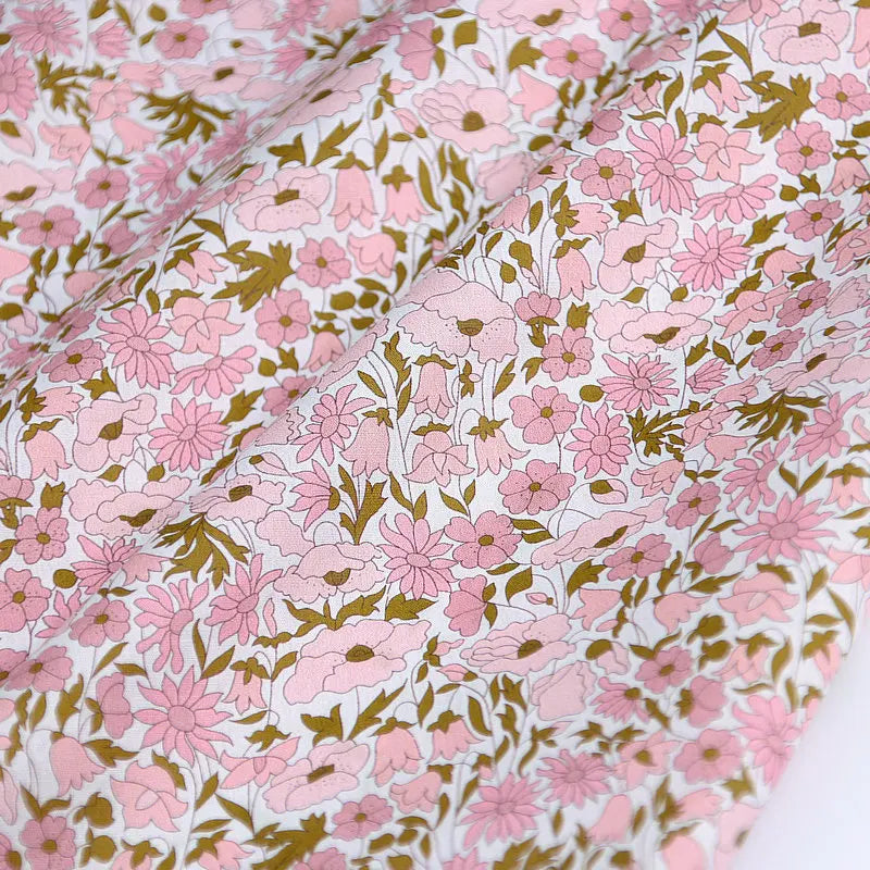 Poppy and daisy printed pink color florals fabric rose background London liberty tana lawn 100% cotton 80S fabrics for sewing