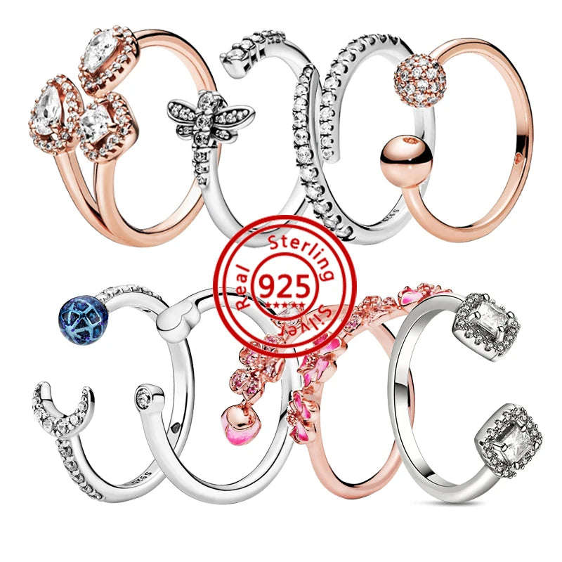 Hot Version Adjustable Ring 925 Silver Moon Dragonfly Leaf Rose Pink Popular Zircon Fit Ring Feminine Charm Jewelry Gift