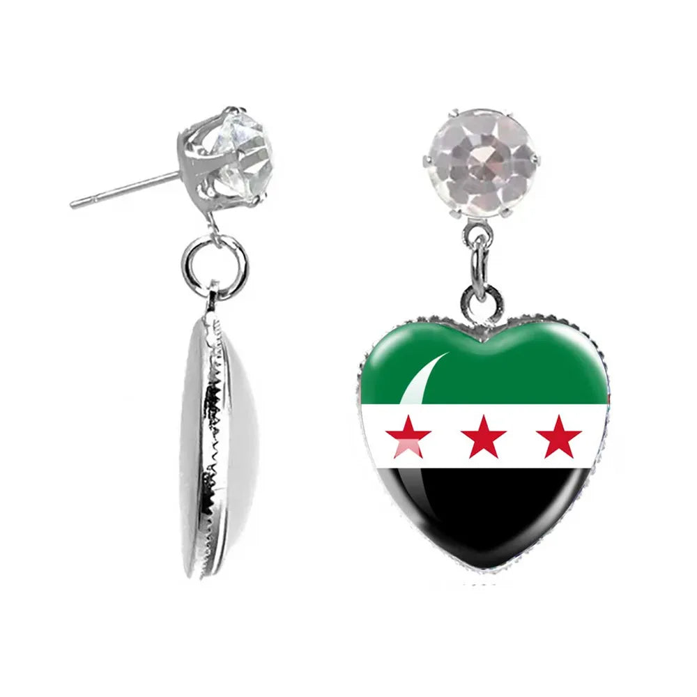 SKY FLAG Syria Flag National Keychain Glass Cabochon Heart-Shape Pendant Keychain For Women Men Charm Fashion Jewelry Gift