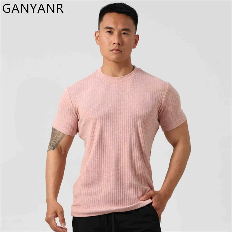 GANYANR Gym Clothing Men Running T-shirt Summer Golf Wear Active Fitness Short Sleeve Sports Bodybuilding Training Yoga Cool Tee