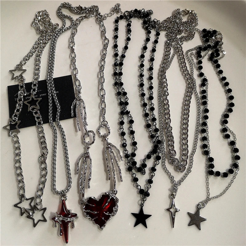 Punk Rock Y2K Black Star Cross Red Heart Pendant Ghost Claw Choker Chain Necklace Men Women Goth Vintage Grunge EMO Accessories