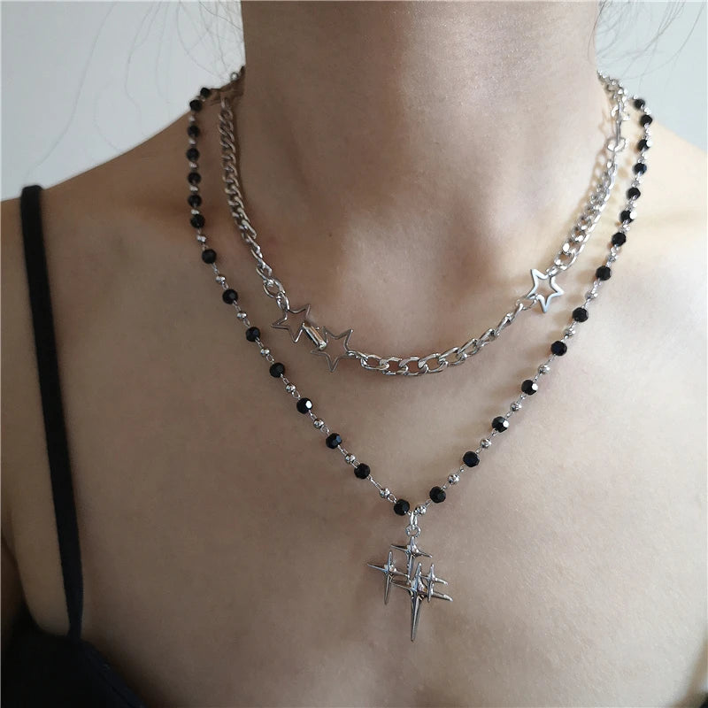 Kpop Goth Vintage Cool Y2K Star Pendant Beaded Silver Color Chain Necklace For Women Men Aesthetic Grunge EMO Jewely Accessory