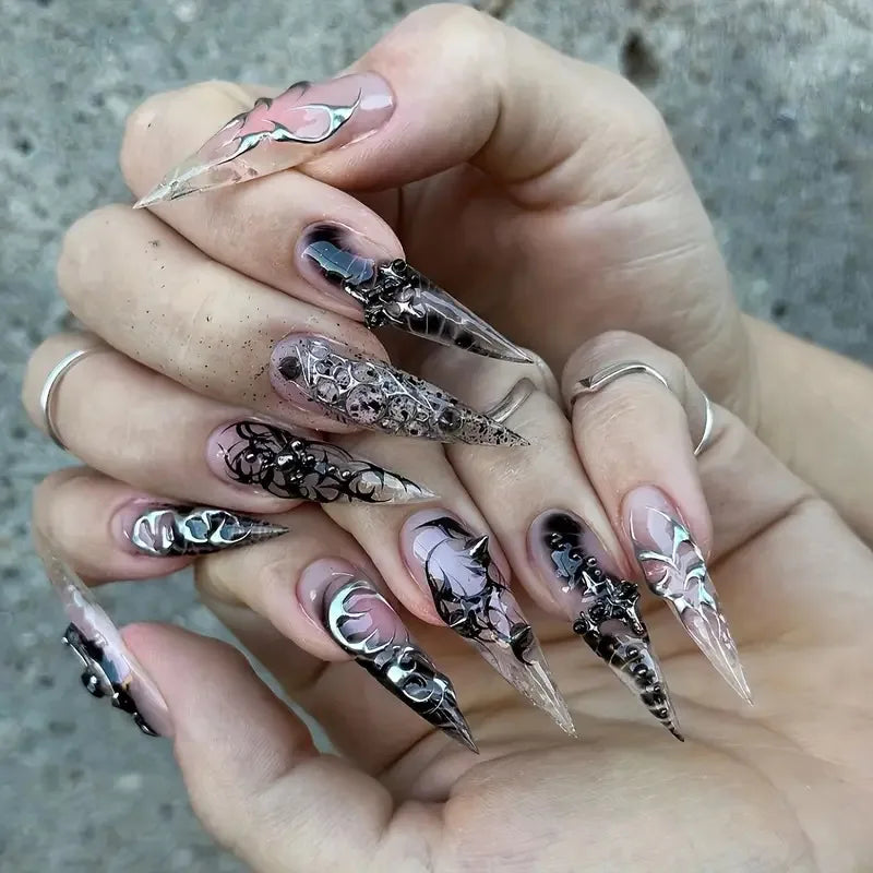 24pcs Halloween Fake Nails Black Red Gradient False Nails Dark Halo Wave Artificial Nails Wearable Long Stiletto Nail with Glue