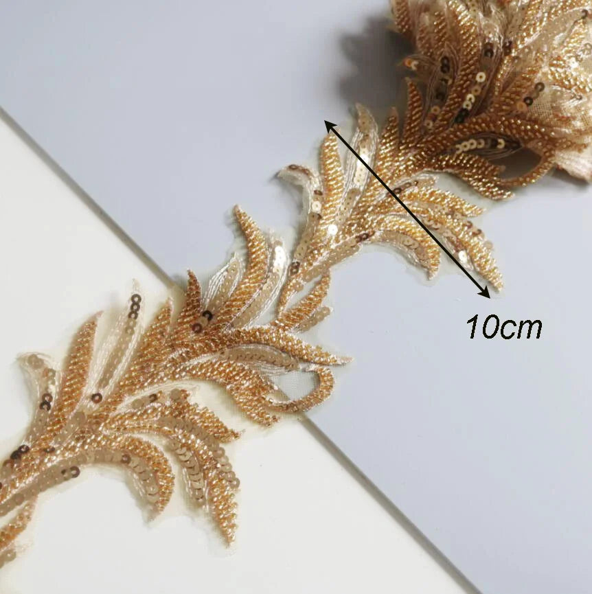 2Yards Beaded Embroidery Gold Lace Wedding Dress Veil Children's Clothing Headwear Trims 13cm~25cm