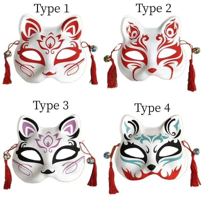 Party Show Fox Mask With Tassels And Bells Hand-painted Kitsune Half Face Halloween Cosplay Gift