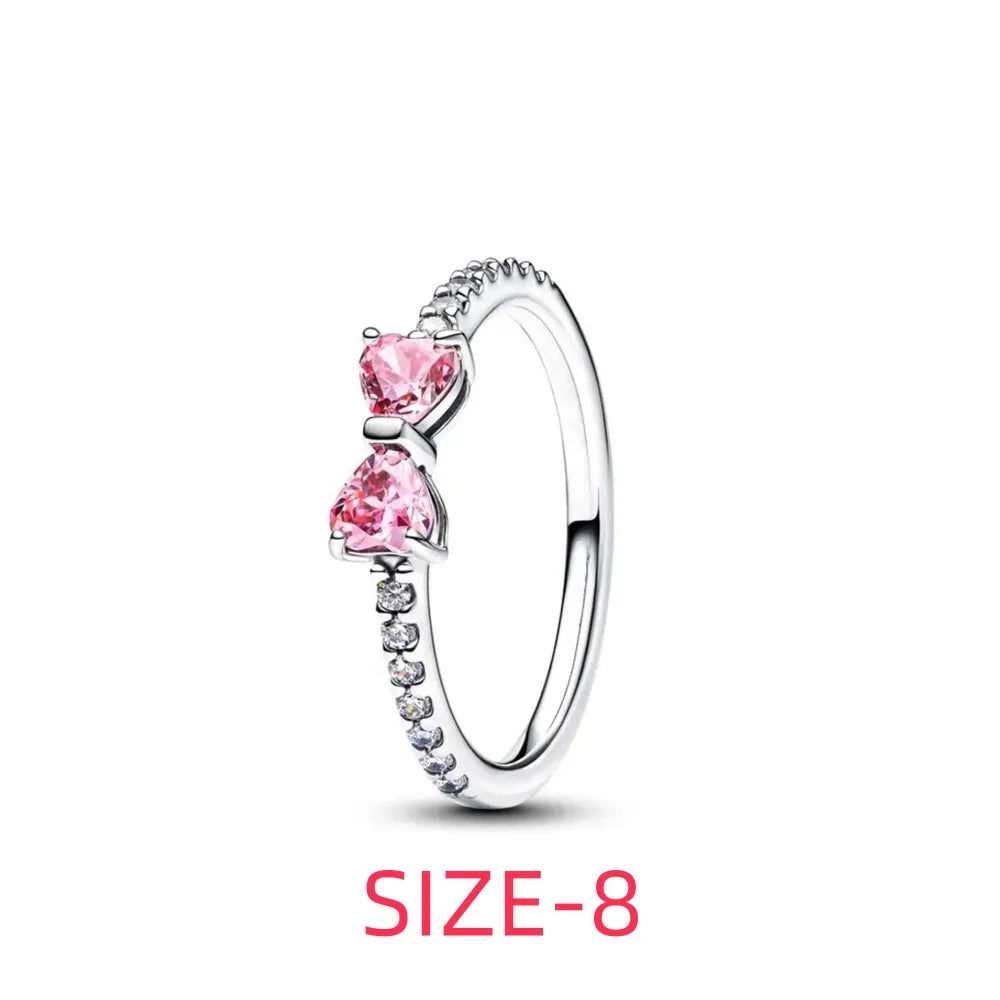 New 925 silver pink bow heart-shaped pendant ring necklace earrings crystal women's Valentine's Day birthday gift DIY jewelry
