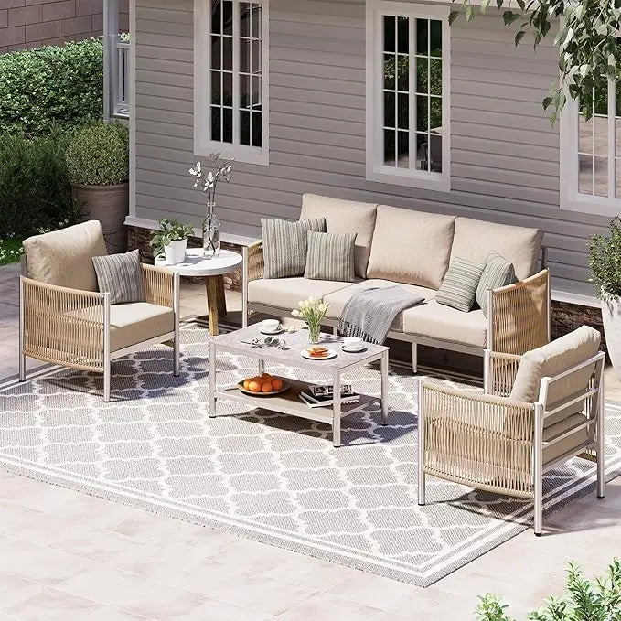 Aluminum Outdoor Patio Furniture Set, HDPE Rope 4 Piece Modern Sectional Conversation Sets with Dual-Layer Coffee Table