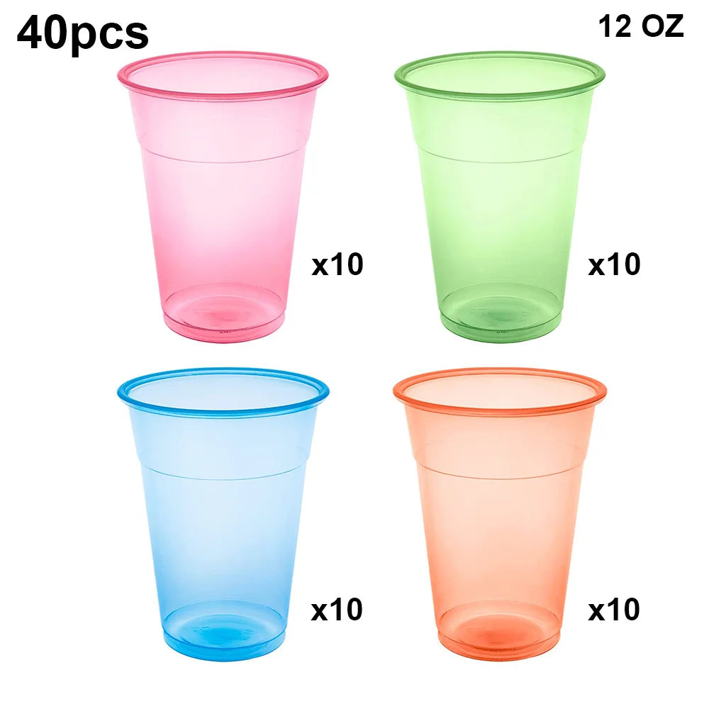 40pcs 12oz Neon Party Cups Disposable Glow Cups Under UV Black Light Neon Birthday Decorations Glow in the Dark Party Supplies