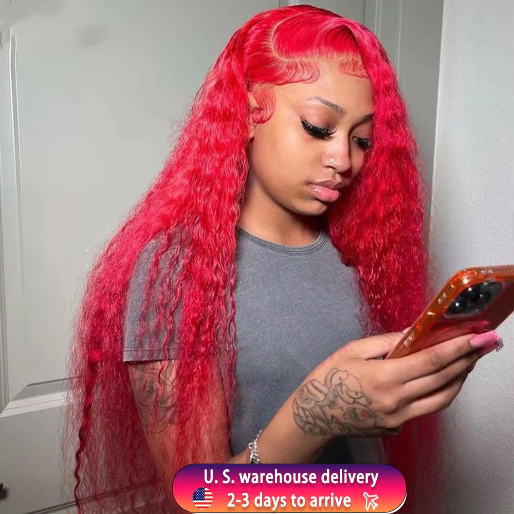 30 40 Inch Red Color Deep Wave Wig 13x4 13x6 Transparent Hd Lace Frontal Wig Wet And Wavy Water Wave Human Hair Wig For Women