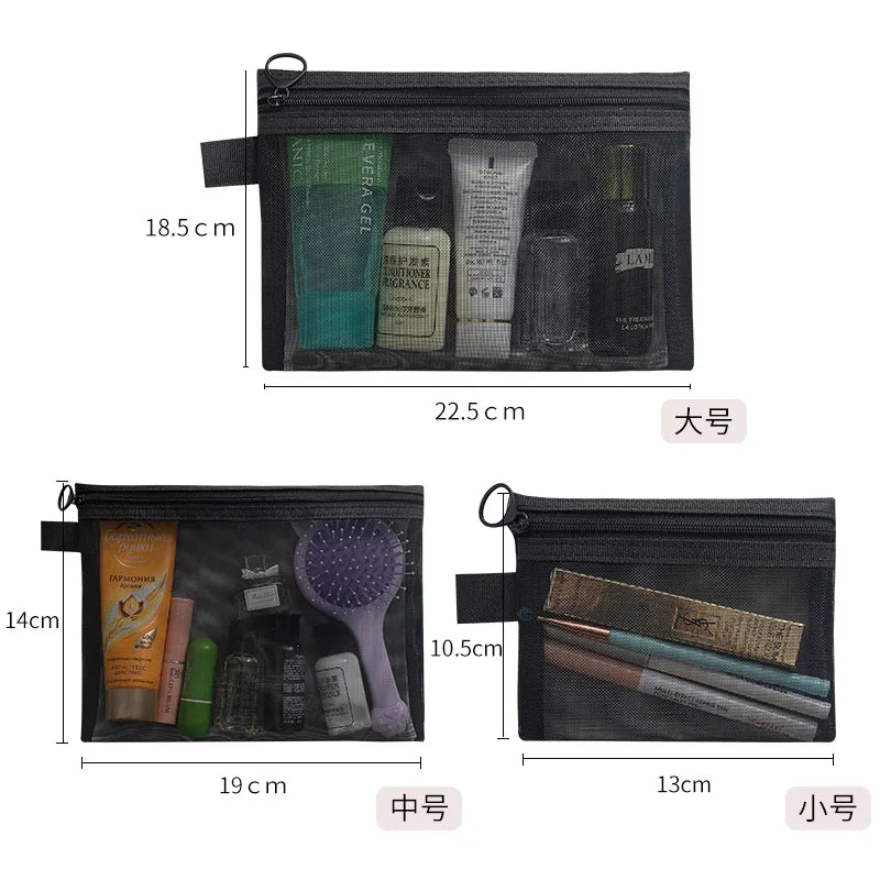 Mesh Makeup Bag Black Transparent Travel Cosmetic Case Small Large Organizer for Lipstick Headphones Toiletry Travel Storage Bag