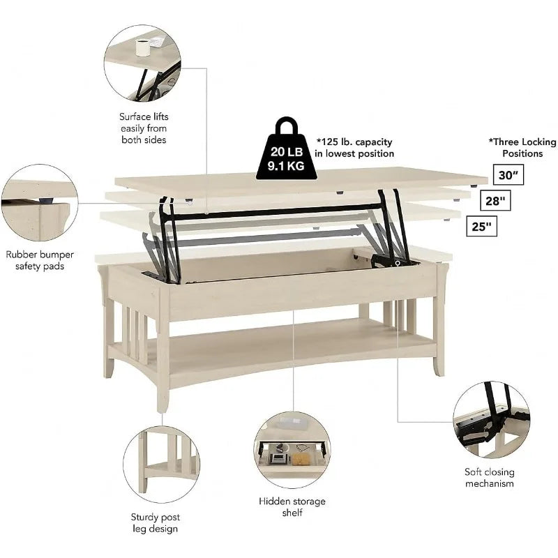 Furniture Salinas Lift Top Coffee Table Desk with Storage in Antique White