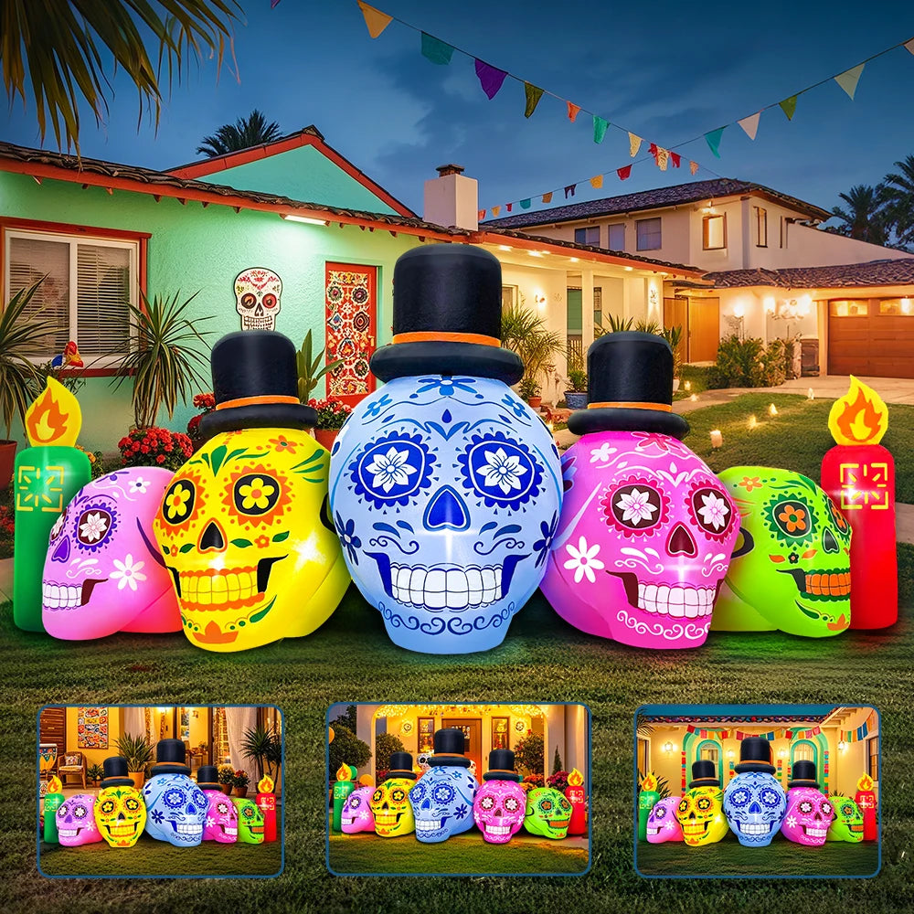 KOOY 7 FT Halloween Inflatable Decoration Five Colorful Skulls Outdoor Holiday Decor,LED Lights Blow Up Halloween Decoration