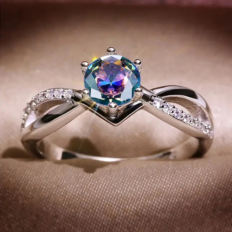 Huitan Trendy 6 Claws Zirconia Stone Rings for Women Fashion Silver Color Proposal Band Accessories Gorgeous Bridal Jewelry