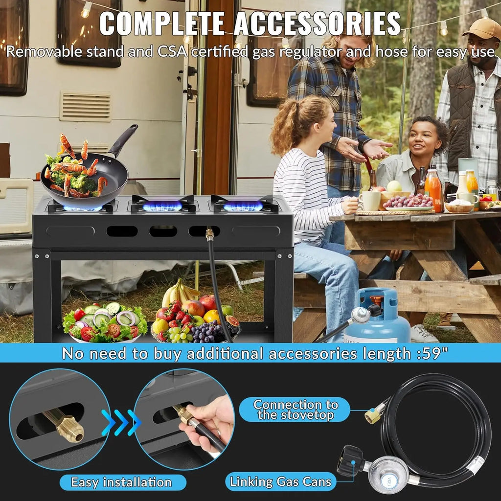 Propane Gas Stove-40000BTU Portable Gas Stove, with Removable Leg,Auto Ignition Camping Stove,3 Burner