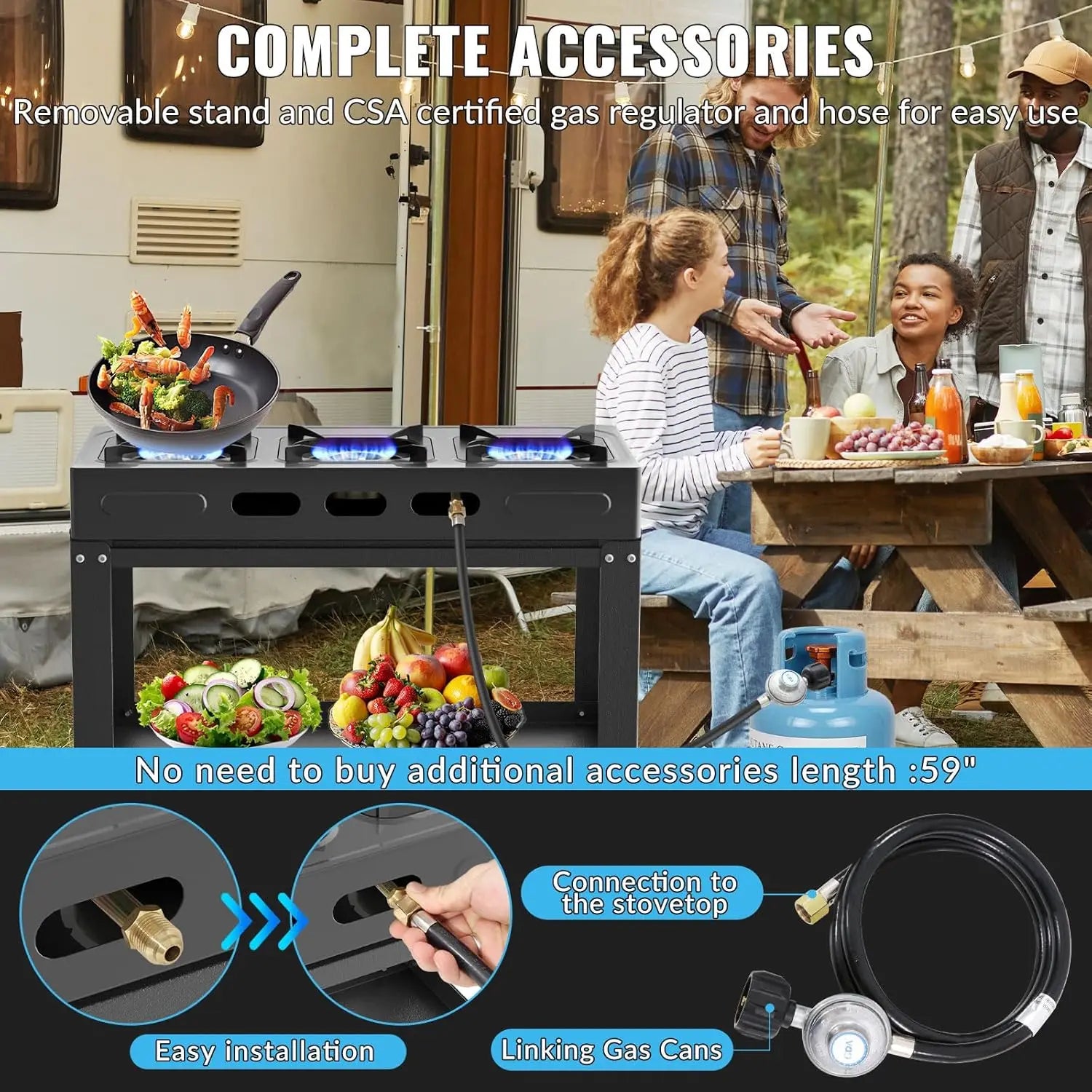 Propane Gas Stove-40000BTU Portable Gas Stove, with Removable Leg,Auto Ignition Camping Stove,3 Burner